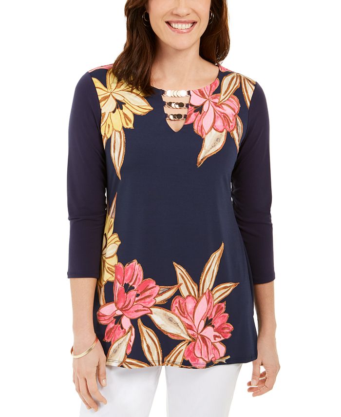 JM Collection Floral-Print Hardware Keyhole Tunic, Created for Macy's ...