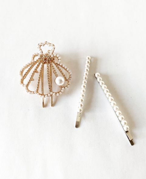 Женские аксессуары Soho Style Imitation Pearl Bobby Pins and Seashell Hair Clip Three-Piece Set