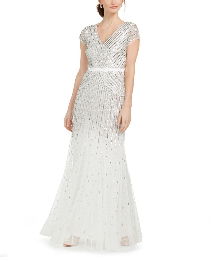 Adrianna Papell - Cap-Sleeve Beaded Sequined Gown