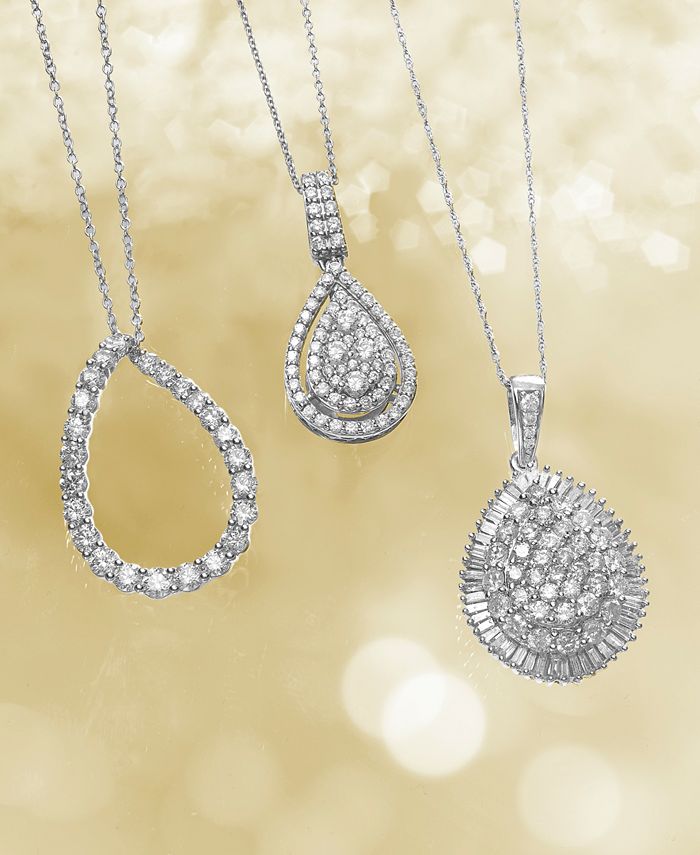 Macy's - Diamond Cluster Teardrop Pendant Necklace (2 ct. t.w.) in 14k White Gold
