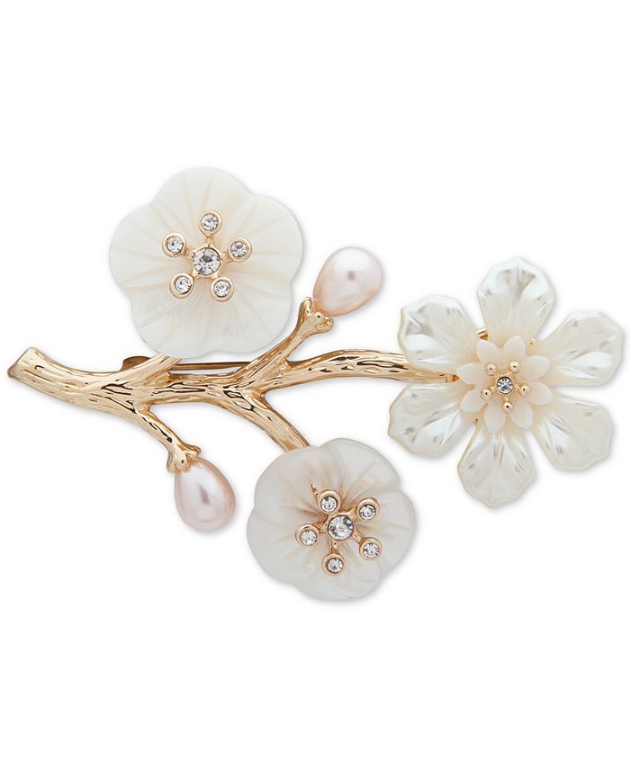 Anne Klein - Gold-Tone Pav&eacute; & Mother-of-Pearl Flower Branch Pin