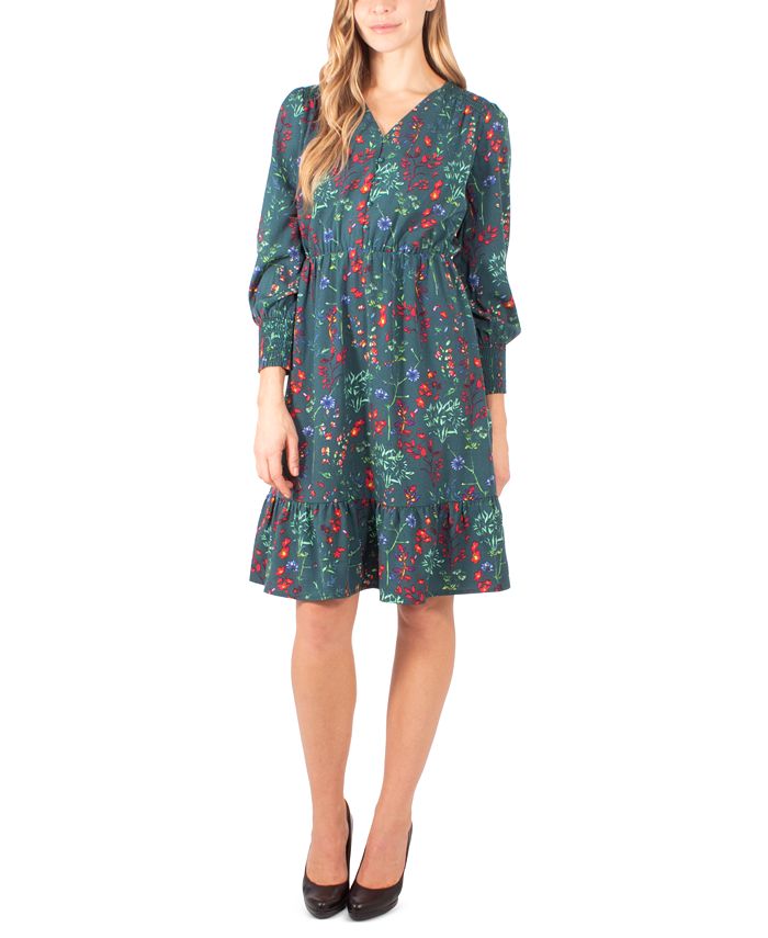 NY Collection Petite Printed Smocked-Sleeve Dress - Macy's
