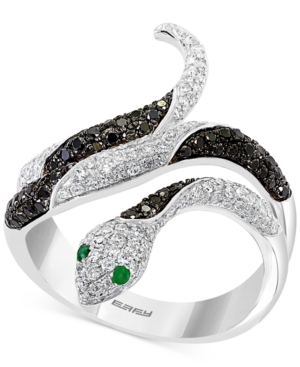 image of Effy Diamond (7/8 ct. t.w.) & Emerald Accent Snake Statement Ring in 14k White Gold