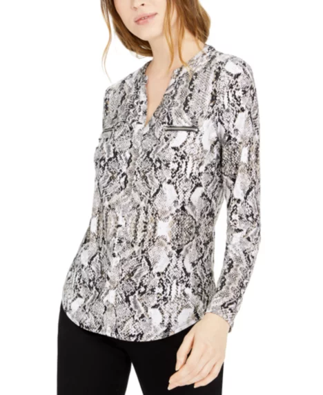 Petite Printed Zip-Pocket Long-Sleeve Top - Desert Snake