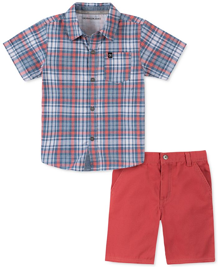 Calvin Klein Toddler Boys 2-Pc. Yarn-Dyed Plaid Shirt & Twill Shorts ...