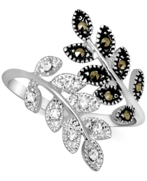 image of Genuine Swarovski Marcasite & Crystal Leaf Bypass Ring in Fine Silver-Plate