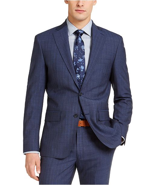 Dkny Men S Slim Fit Stitch Navy Blue Blue Stripe Suit Jacket