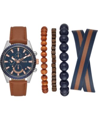 Folio - Men's Brown Vegan Leather Strap Watch 45mm