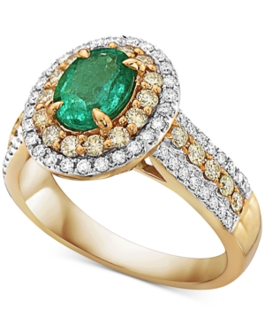 image of Emerald (7/8 ct. t.w.), Yellow Diamond (1/2 c.t. t.w.) & White Diamond (1/4 c.t. t.w.) Ring in 14k Gold
