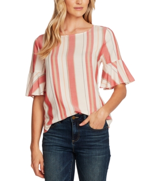 VINCE CAMUTO STRIPED FLUTTER-CUFF DROPPED-SHOULDER TOP