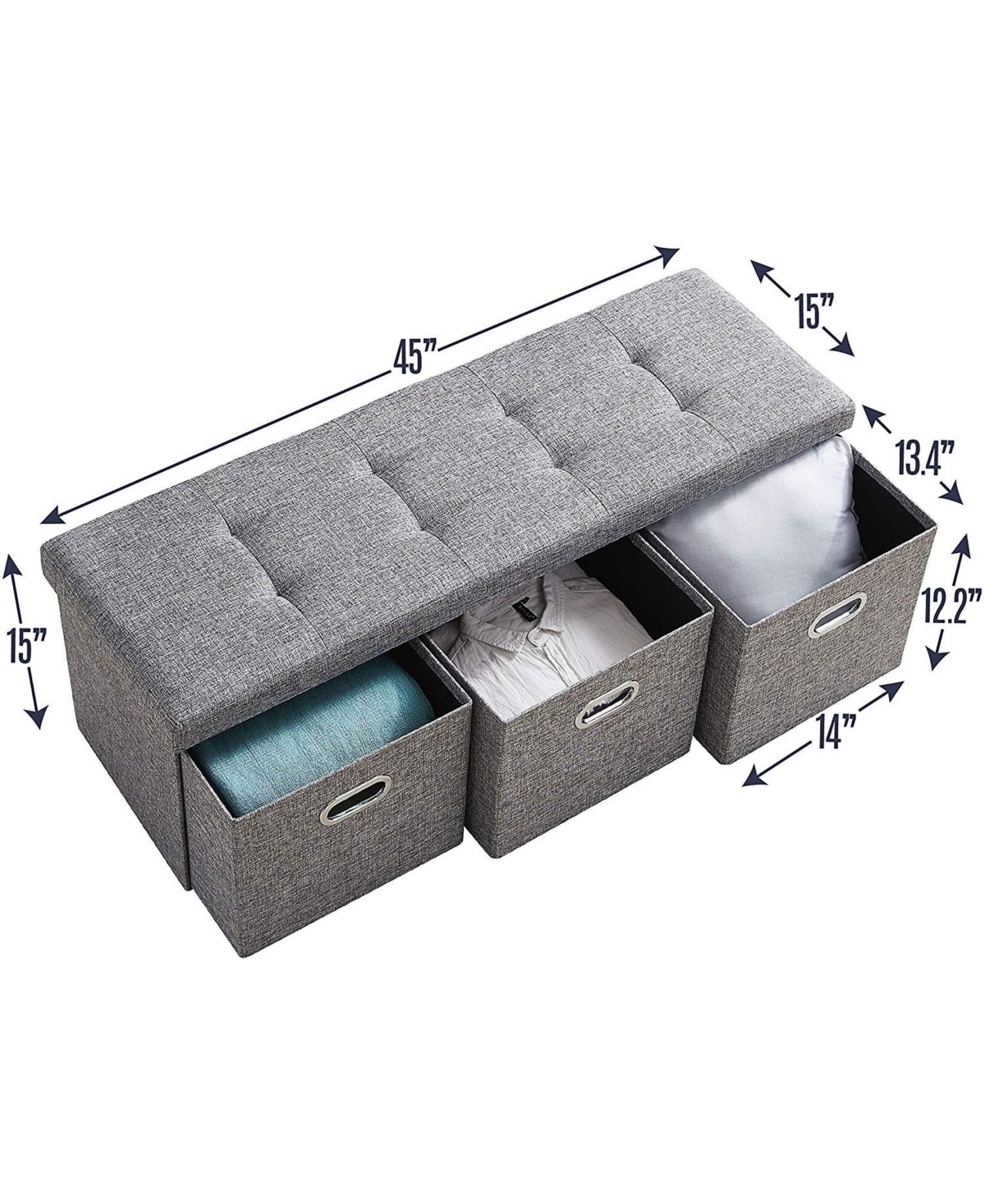 Ornavo Home Collapsible Tufted Linen Long Bench Storage Ottoman with 3 Drawers