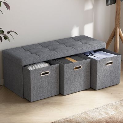 40" Linen Collapsible Tufted Linen Long Bench Storage Ottoman with 3 Drawers