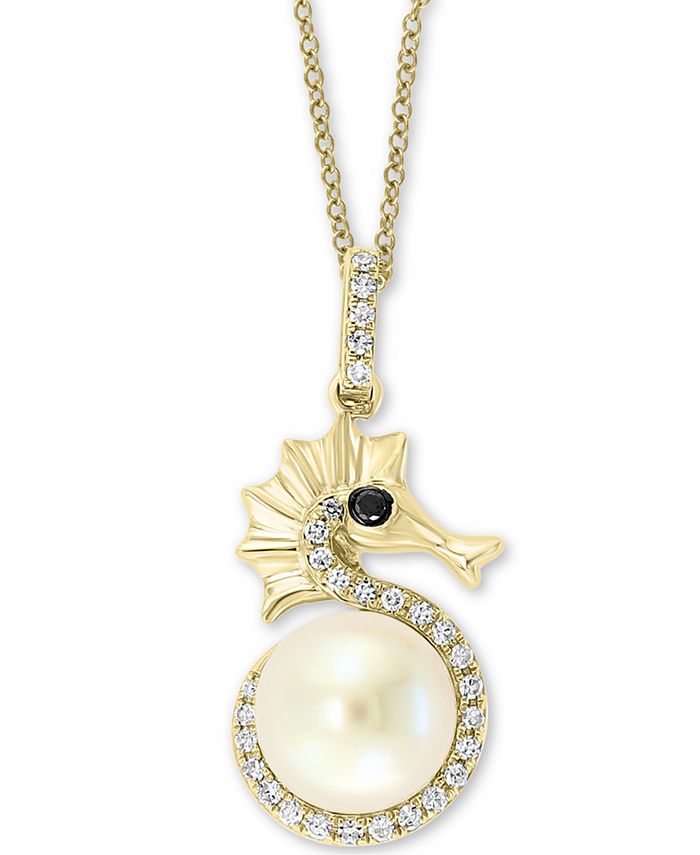 EFFY Collection - Cultured Freshwater Pearl (8mm) & Diamond (1/6 ct. t.w.) Seahorse 18" Pendant Necklace in 14k Gold