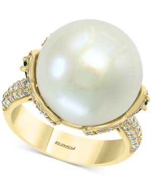 image of Effy Cultured Freshwater Pearl (15mm) Emerald (1/2 ct. t.w.) & Diamond (5/8 ct. t.w.) Statement Ring in 14k Gold