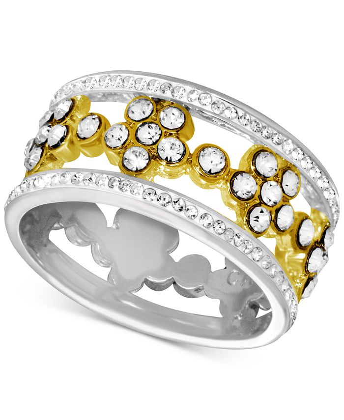 Essentials - Floral Crystal Openwork Band Ring in Two-Tone Plate