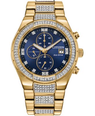 Men's Chronograph Eco-Drive Crystal Gold-Tone Stainless Steel Bracelet  Watch 42mm