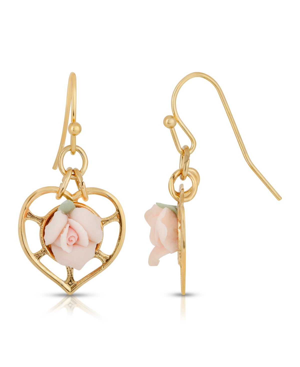 2028 14k Gold-dipped Heart With Porcelain Rose Earrings In Pink