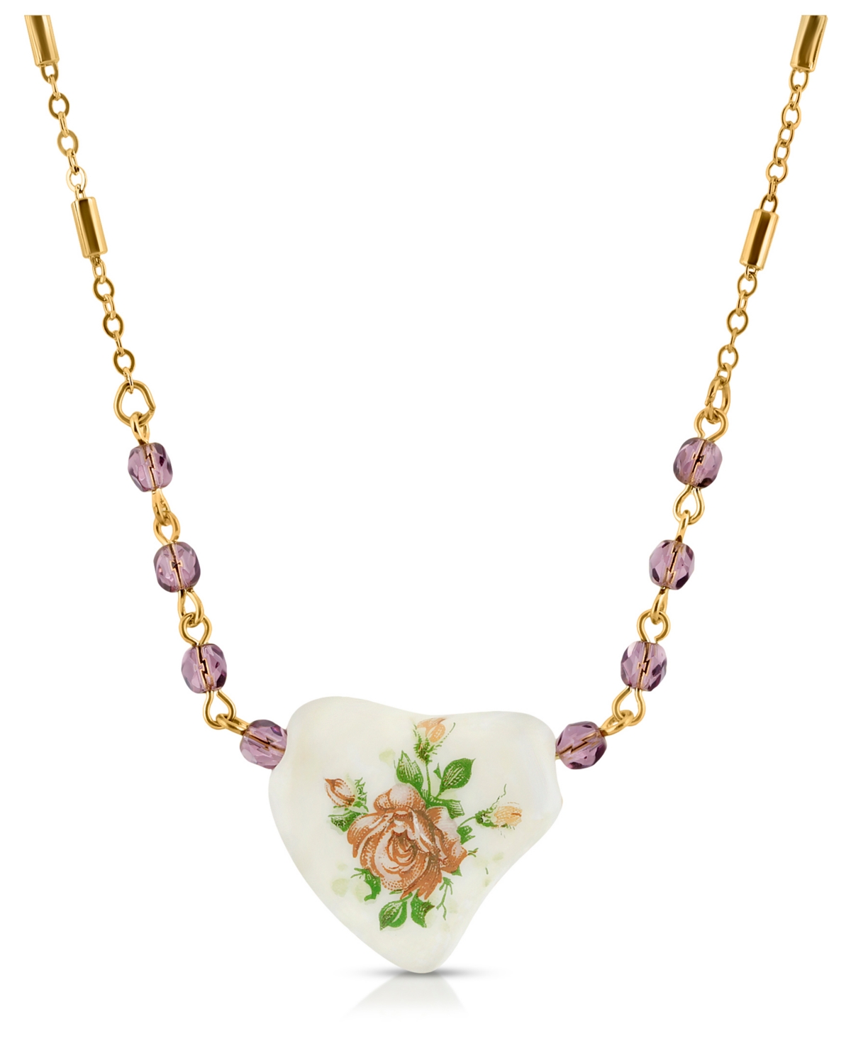 2028 Beaded Heart With Pink Floral Decal Necklace In Purple