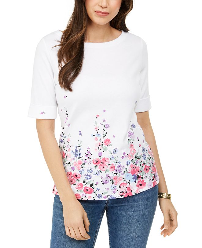 Karen Scott FloralPrint ElbowSleeve BoatNeck Top, Created for Macy's