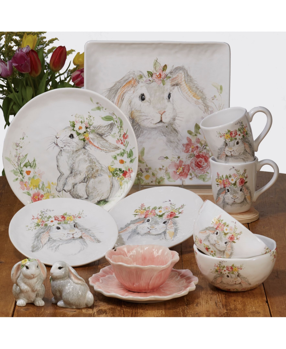Certified International Sweet Bunny 16-pc.dinnerware Set In White,gray,pink,green,yellow