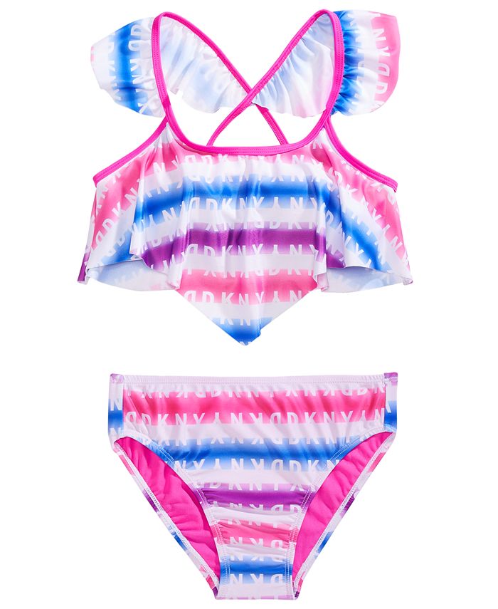 DKNY Big Girls 2-Pc. Rainbow Stripe Logo-Print Bikini - Macy's