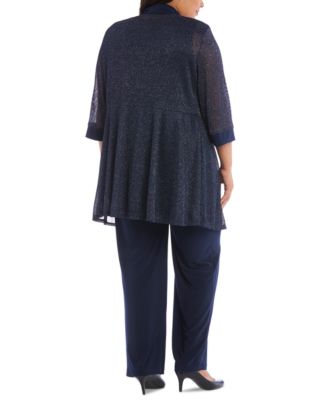 Plus Size 3-Pc. Metallic Jacket, Metallic Necklace Top & Pants Set