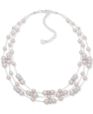 image of Anne Klein Silver-Tone Crystal & Pink Imitation Pearl Illusion Necklace, 16