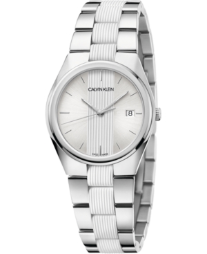 image of Calvin Klein Women-s Contrast Stainless Steel and White Silicone Bracelet Watch 34mm
