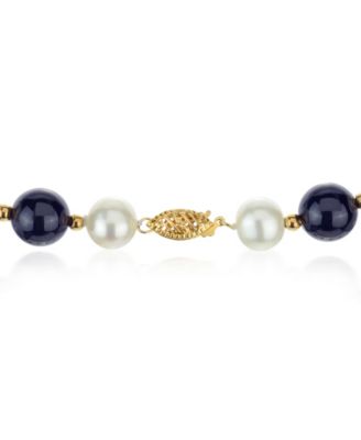 White Freshwater Cultured Pearl (9-9.5mm) with Black Onyx (10mm) and Gold Beads (3mm) 18" Necklace in 14k Yellow Gold