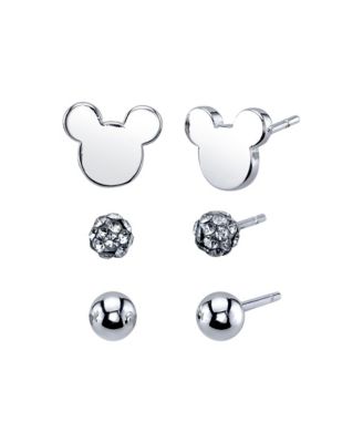 Photo 1 of Unwritten Three Pair Silver Plated Mickey Mouse Earring Set with Silver Bead and Crystal Ball