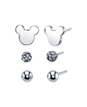 image of Unwritten Three Pair Silver Plated Mickey Mouse Earring Set with Silver Bead and Crystal Ball