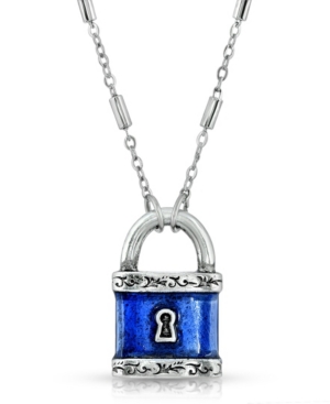 image of 2028 Silver-Tone Blue Enamel Paddle Lock Necklace
