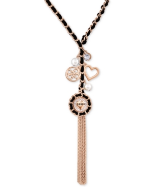 image of Guess Gold-Tone Woven Black, Imitation Pearl & Crystal Lariat Necklace, 30