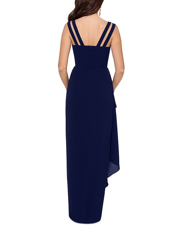 xscape side ruched double strap crepe gown