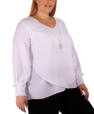 Plus Size Long Sleeve Overlapping Crepe Top with Necklace