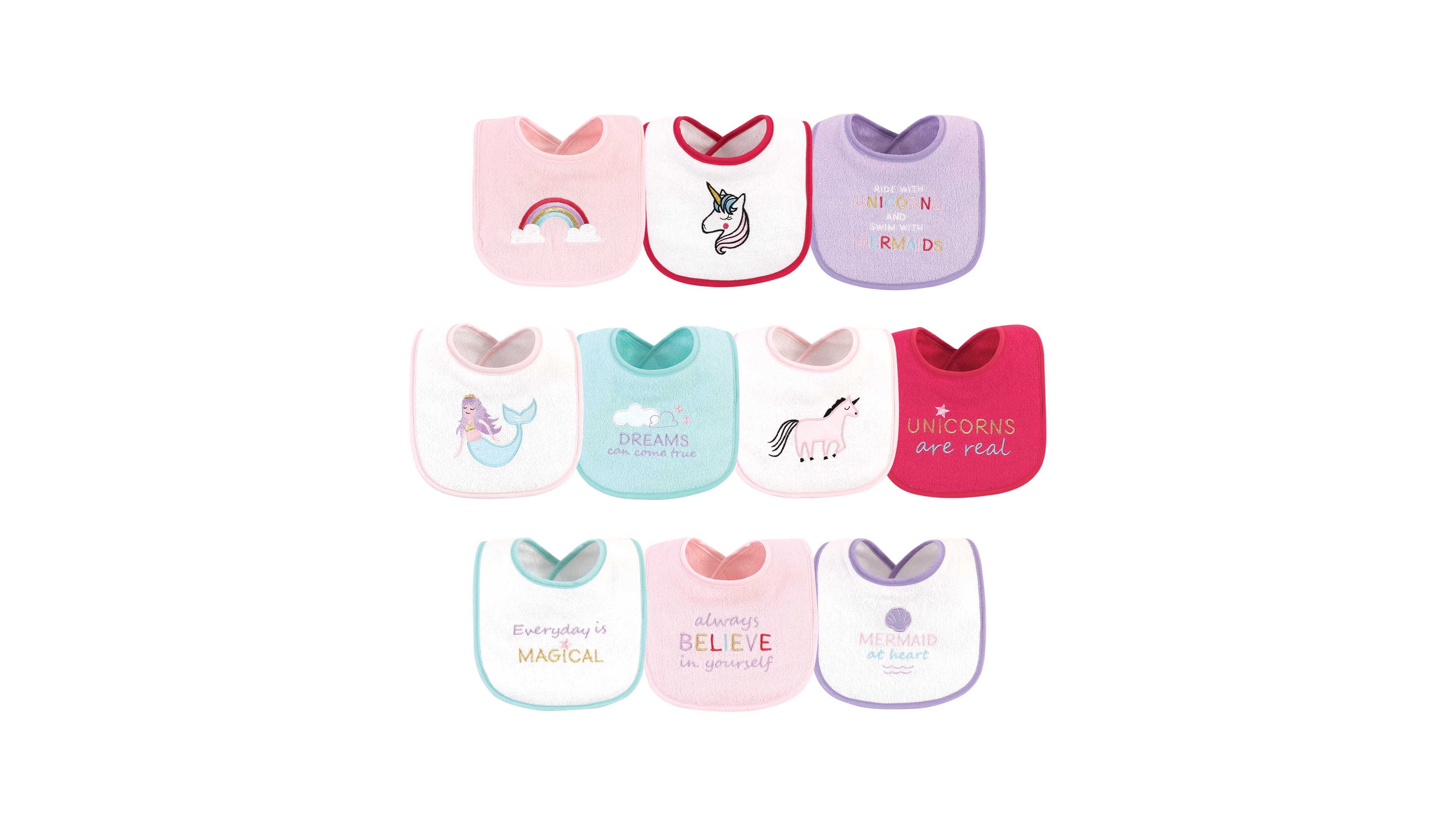 Luvable Friends Baby Girl Cotton Drooler Bibs with Fiber Filling 10pk, Unicorns And Mermaids, One Size