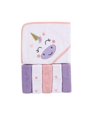 Luvable Friends Baby Girls and Boys Unicorn Hooded Towel with 5 Washcloths Pack of 6