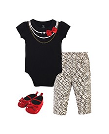 Baby Girls Bow Bodysuit, Pant and Shoe Set, Pack of 3