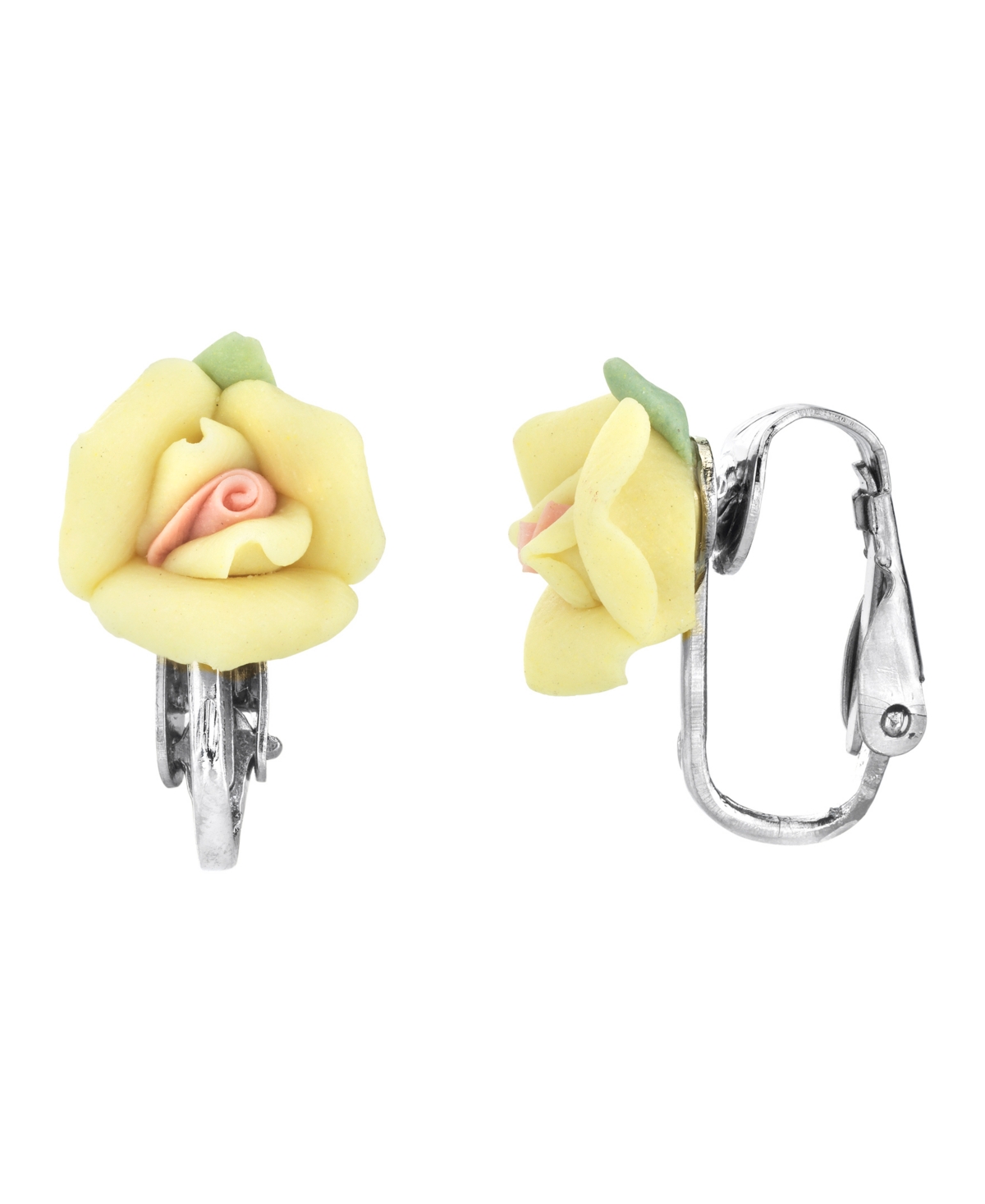 2028 Silver Tone Porcelain Rose Clip Earrings In Yellow
