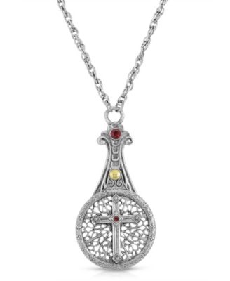 Pewter Crystal Cross Sliding Magnifier 30" Pendant