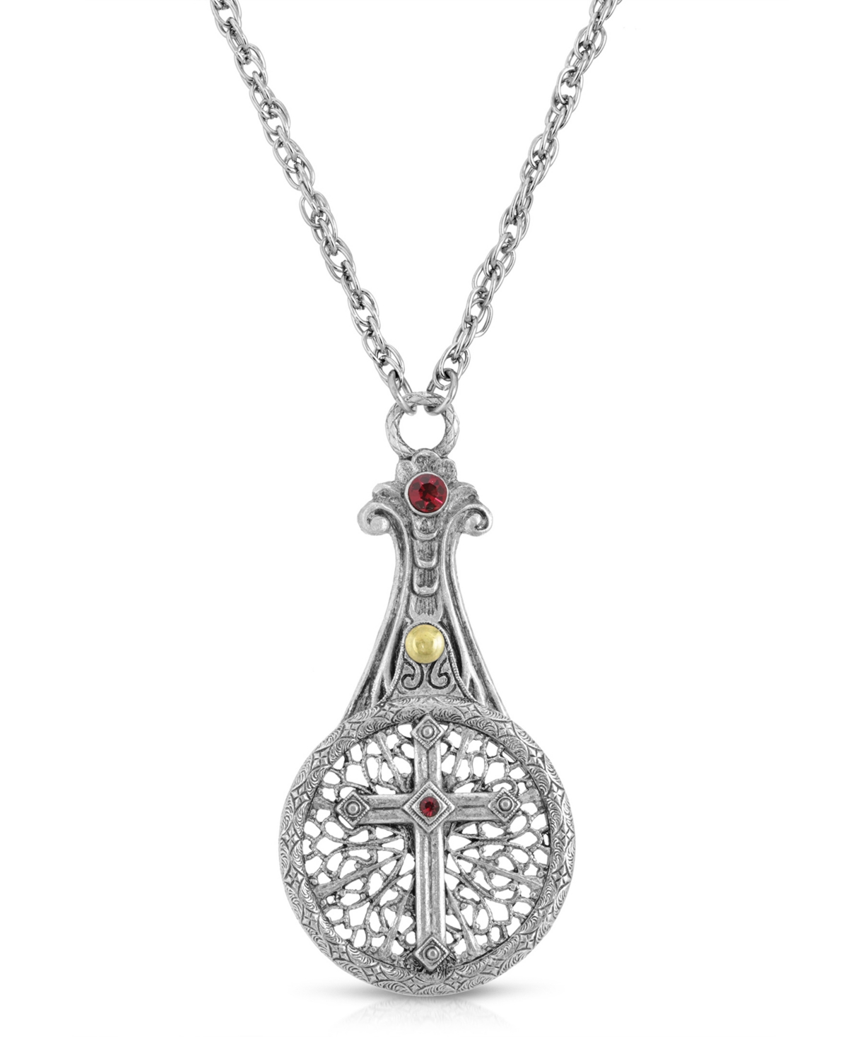 2028 Pewter Crystal Cross Sliding Magnifier 30" Pendant In Red