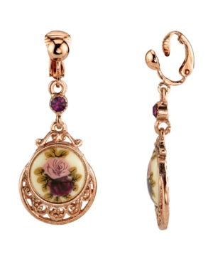 image of 2028 Rose Gold Tone Purple Crystal Flower Clip Drop Earrings