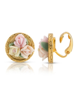 image of 2028 Gold Tone 3 Flower Pink White Porcelain Flower Round Button Clip Earring