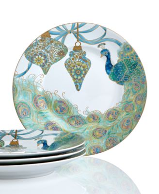 222 Fifth - Serveware, Set of 4 Lakshmi Peacock Holiday Dessert Plates