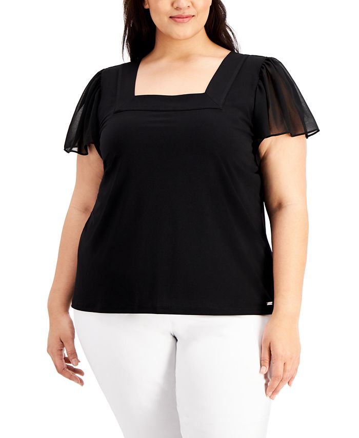 Calvin Klein Plus Size Flutter-Sleeve Square-Neck Top & Reviews - Tops - Plus Sizes - Macy's