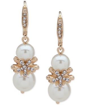 image of Anne Klein Gold-Tone Crystal & Double Imitation Pearl Drop Earrings