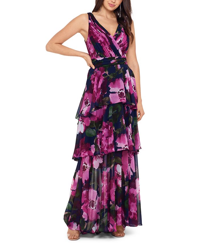 XSCAPE Floral-Print Tiered Gown & Reviews - Dresses - Women - Macy's