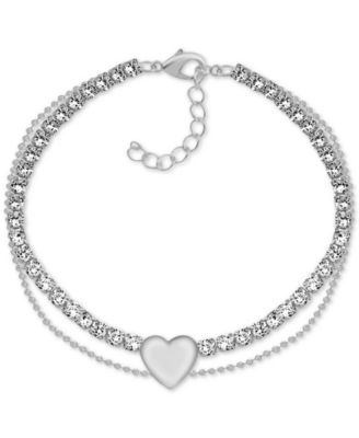 And Now This - Crystal & Heart Double Row Ankle Bracelet in Fine Silver-Plate