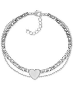 Essentials Crystal & Heart Double Row Ankle Bracelet In Fine Silver-plate