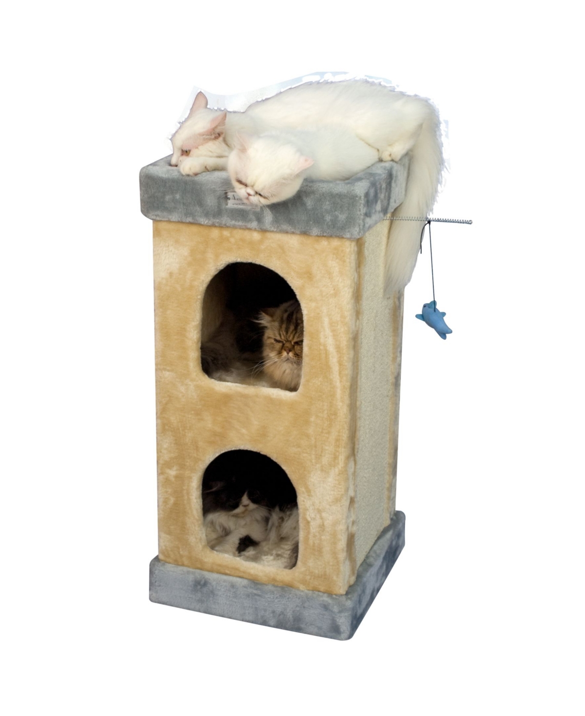 Double Condo Real Wood Cat House With Scratching Carpet - Beige